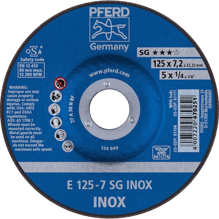 Pferd 61106 5in x 1/4in Grinding Wheel, 7/8in AH A 30 N SG-INOX - Type 27 61106-PFERD